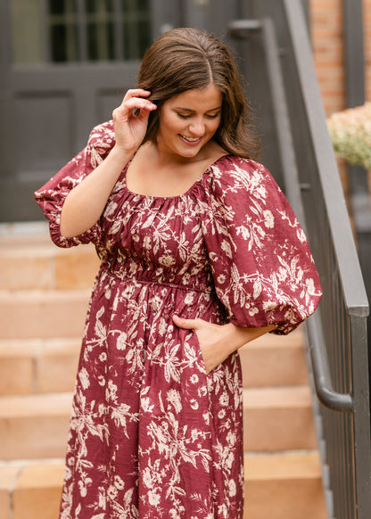 Floral Textured Print Burgundy Midi Dress FF Dresses