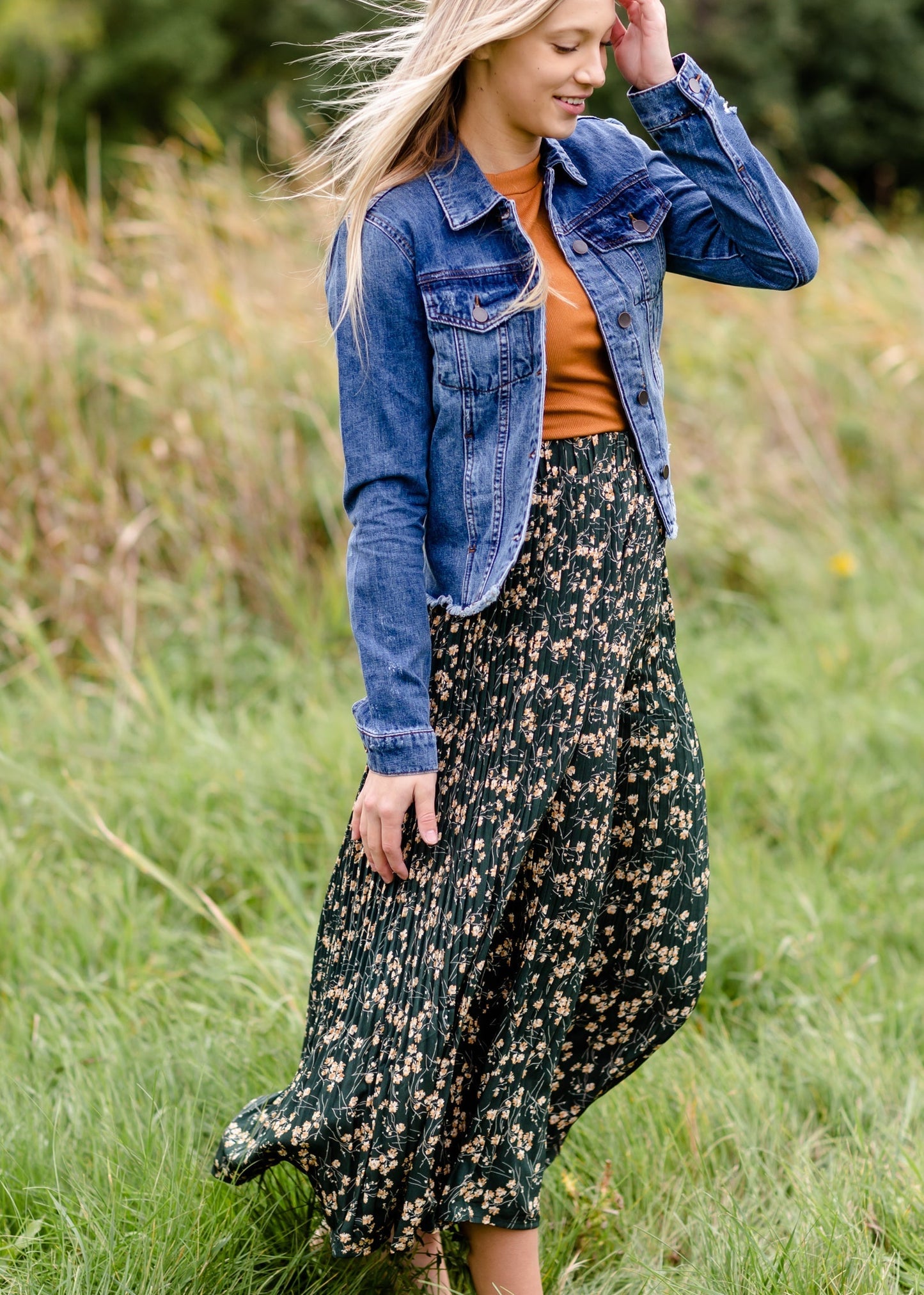 Forest Green Floral Pleated Maxi Skirt IC Skirts