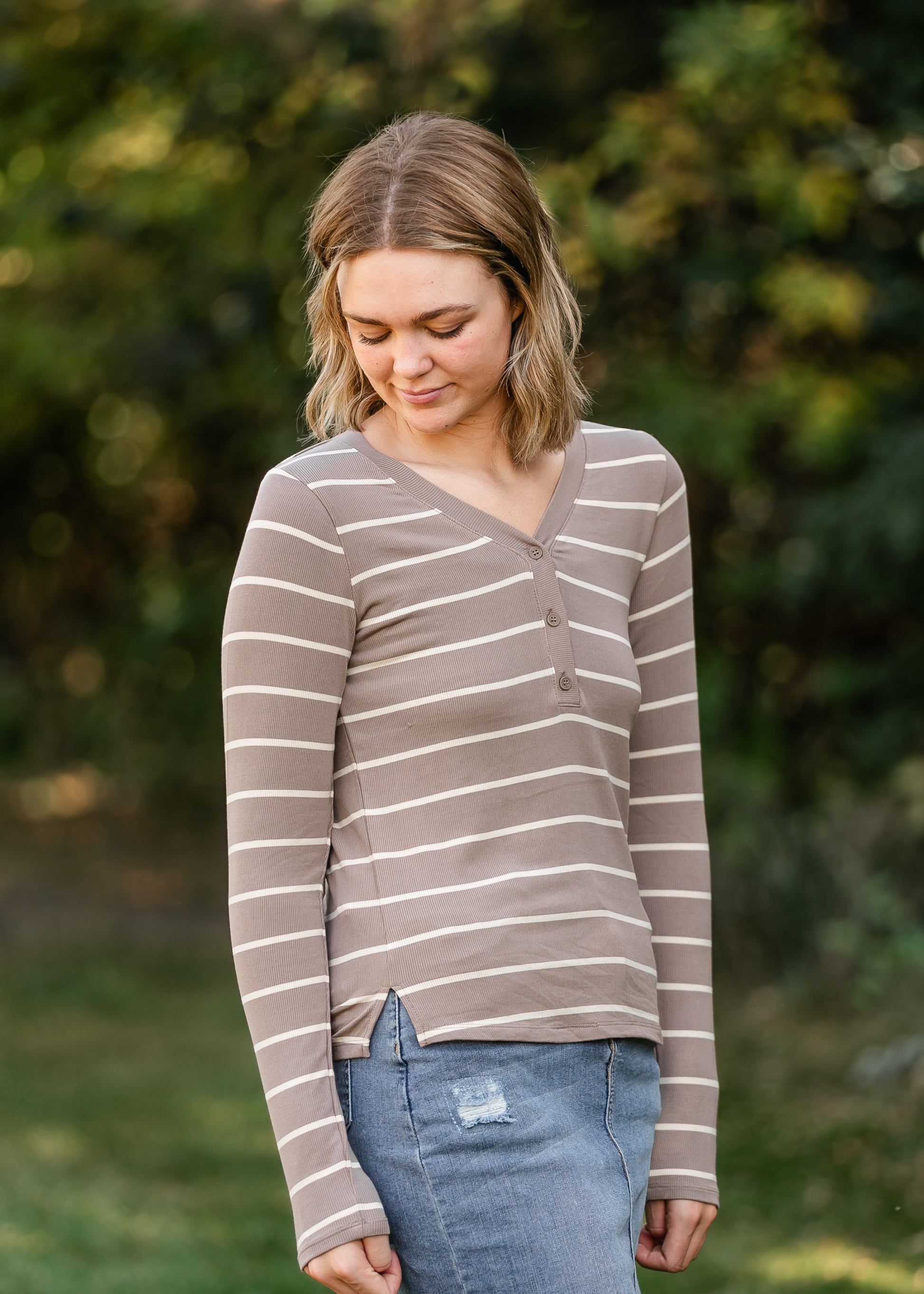 Frankie 1/4 Button Striped Long Sleeve Top FF Tops