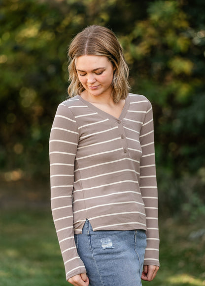 Frankie 1/4 Button Striped Long Sleeve Top FF Tops