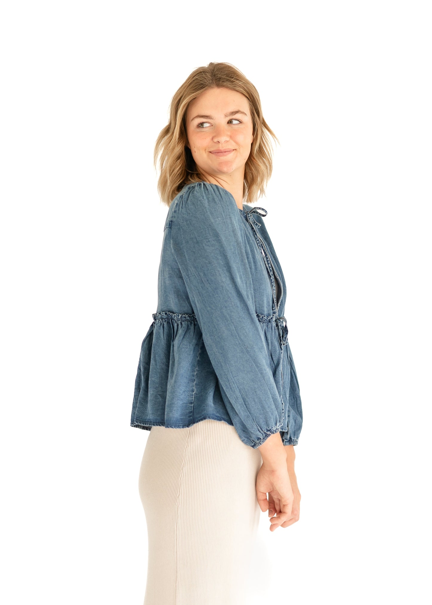 Front Tie Long Sleeve Chambray Top FF Tops