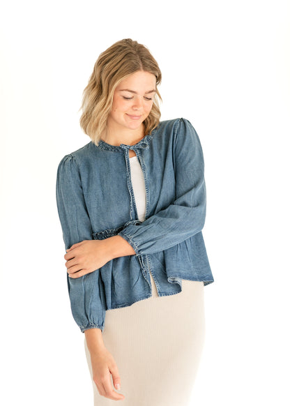 Front Tie Long Sleeve Chambray Top FF Tops