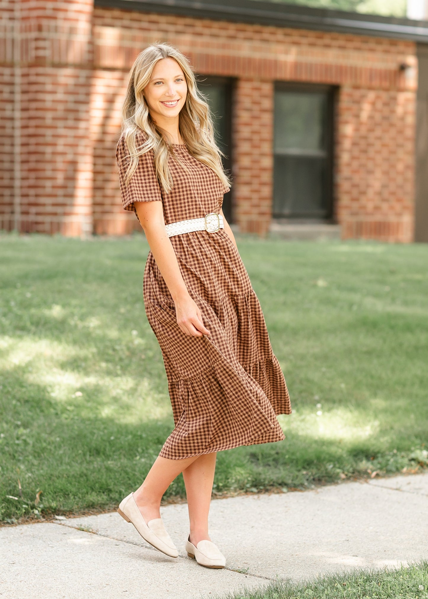 Gingham Brown Tiered Maxi Dress FF Dresses