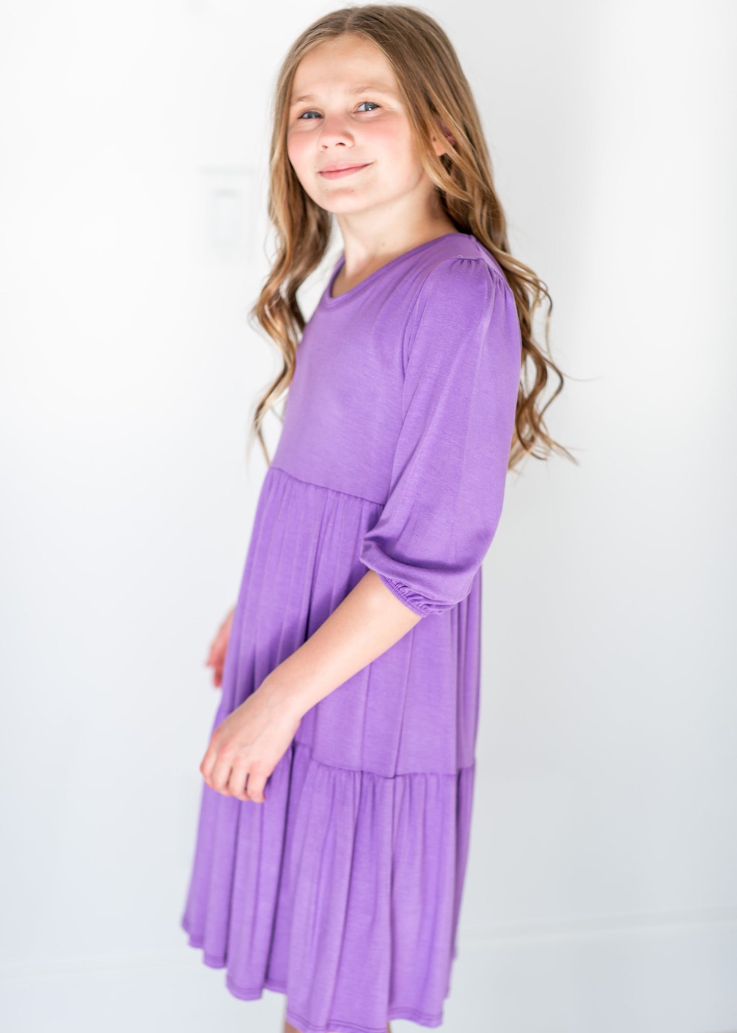 Girl's 3/4 Sleeve Tiered Midi Dress Girls