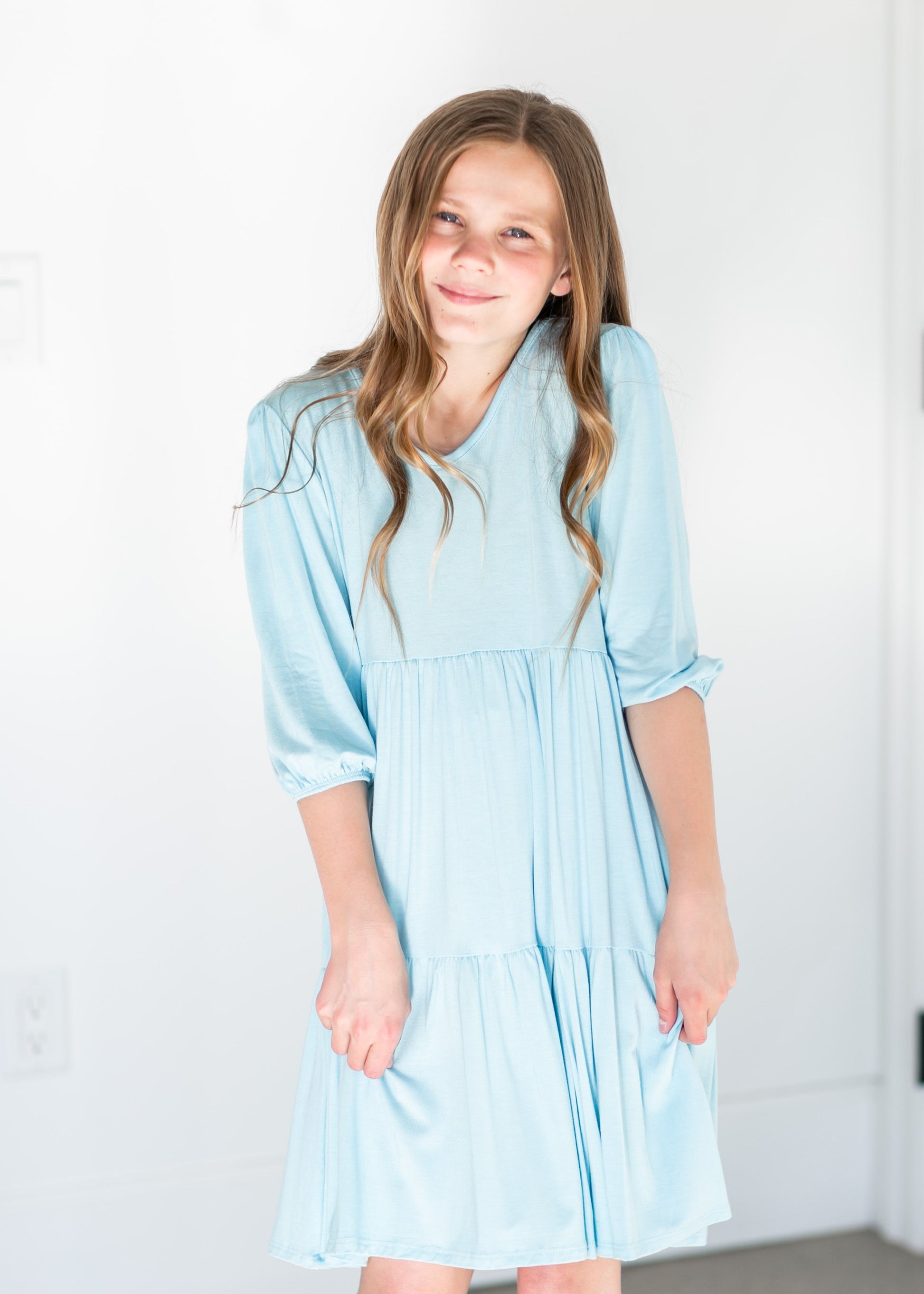 Girl's 3/4 Sleeve Tiered Midi Dress Girls Blue / XS