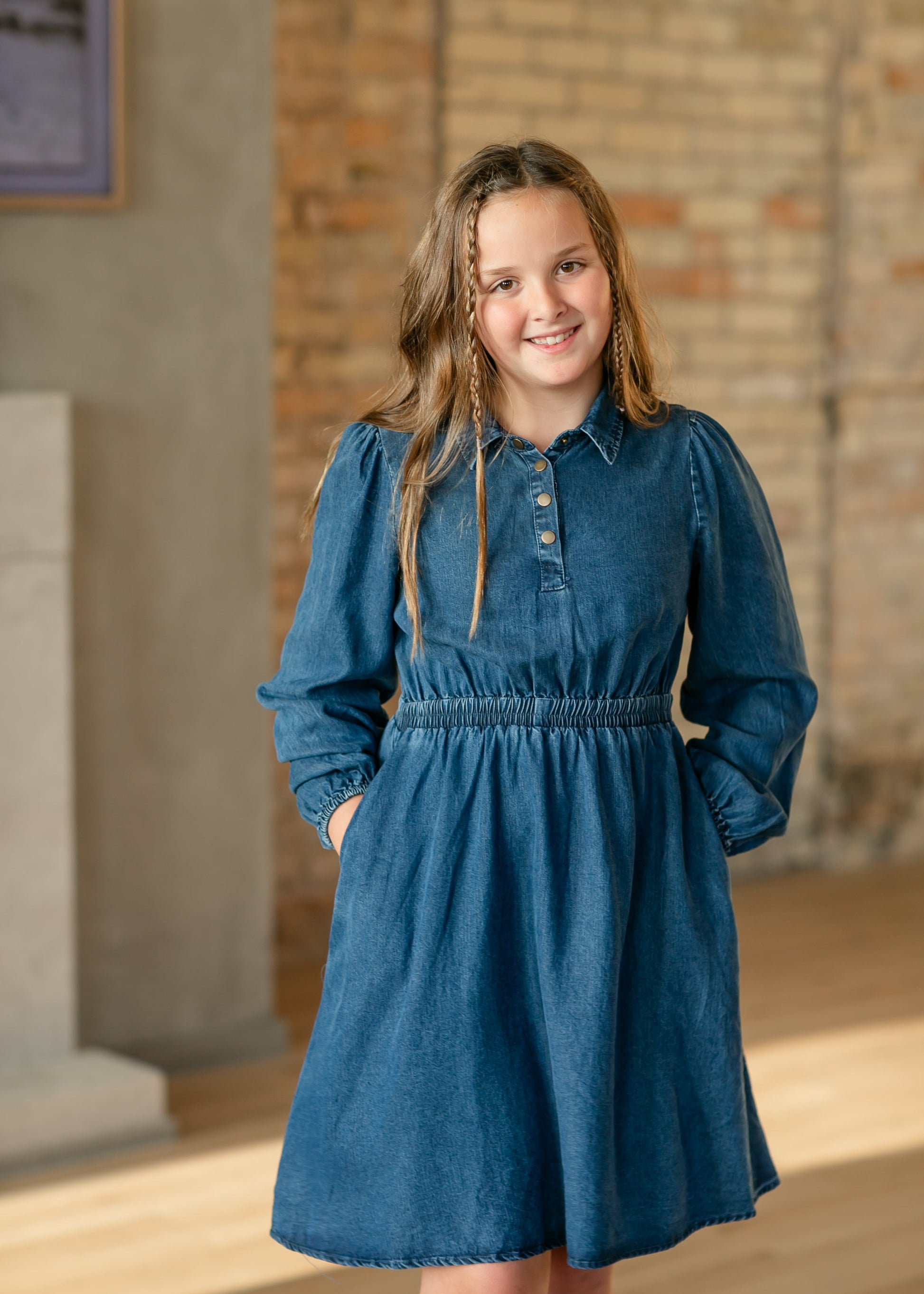 Girl's Chambray Long Sleeve Dress FF Girls