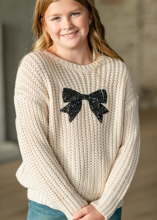 Girl's Crewneck Sequin Bow Knit Sweater FF Girls