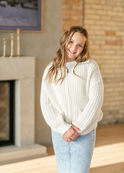 Girl's Zip-up Cream Knit Sweater FF Girls