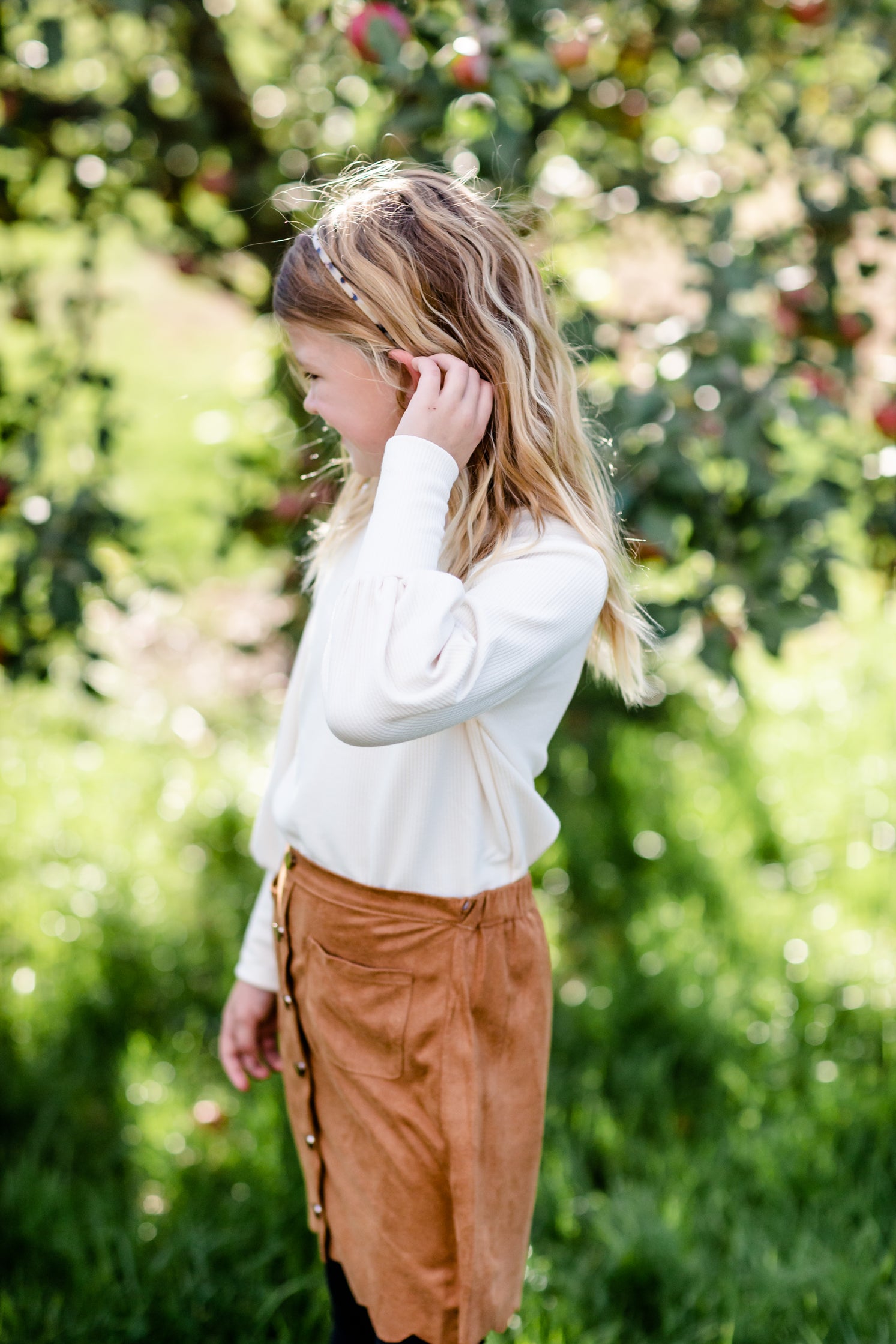 Girls Button Detail Camel Scalloped Midi Skirt FF Girls