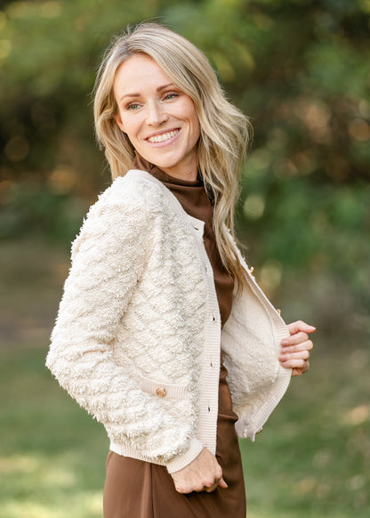 Gold Button Cream Textured Cardigan FF Tops