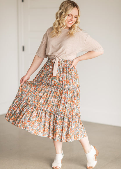 Gray Pull On Floral Tiered Midi Skirt IC Skirts