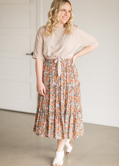 Gray Pull On Floral Tiered Midi Skirt IC Skirts