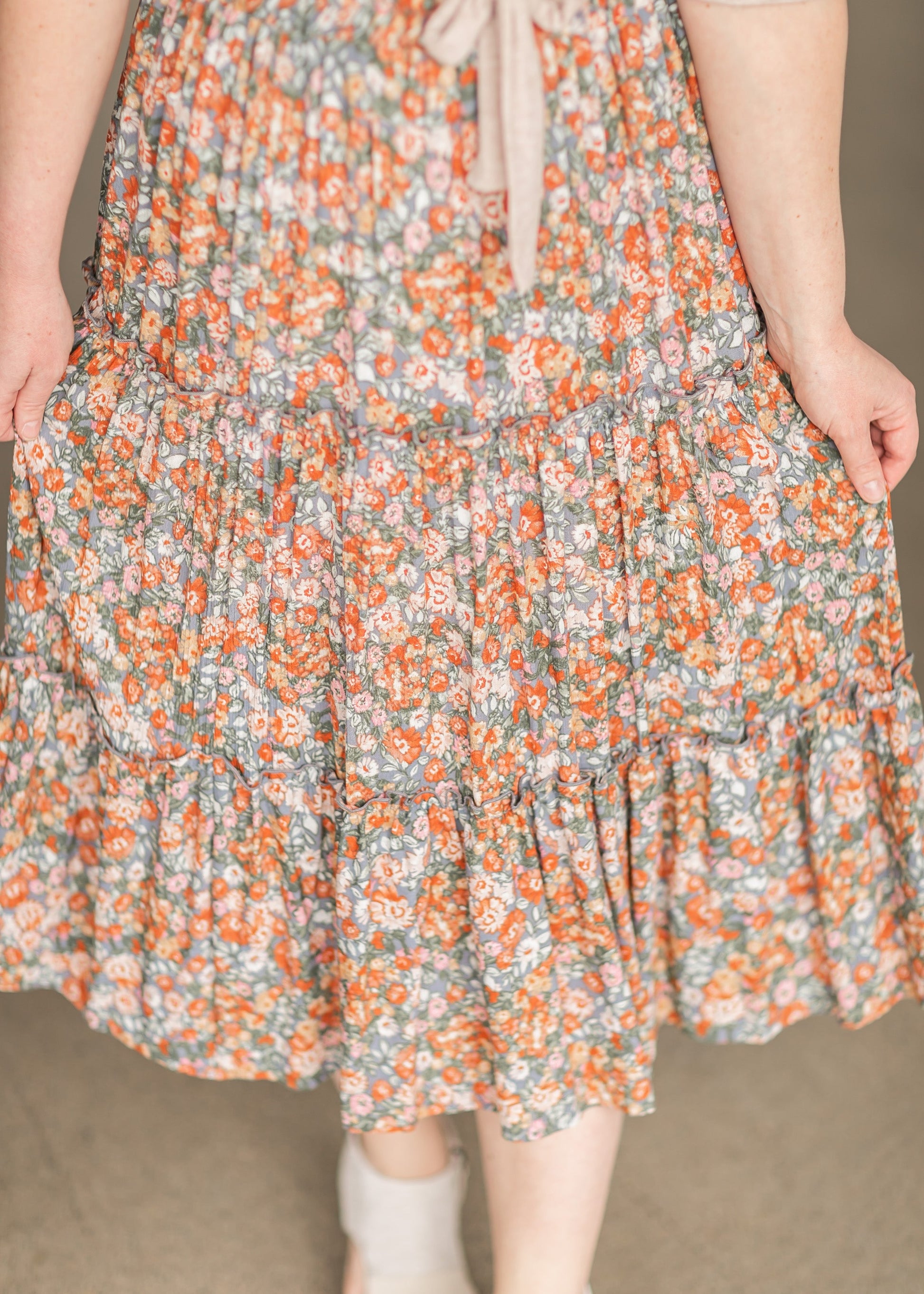 Gray Pull On Floral Tiered Midi Skirt IC Skirts