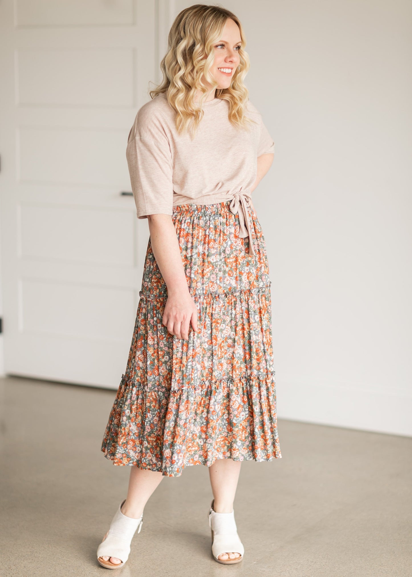 Gray Pull On Floral Tiered Midi Skirt IC Skirts