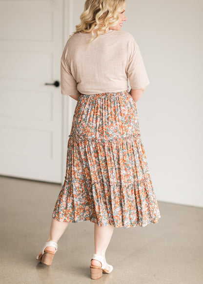 Gray Pull On Floral Tiered Midi Skirt IC Skirts