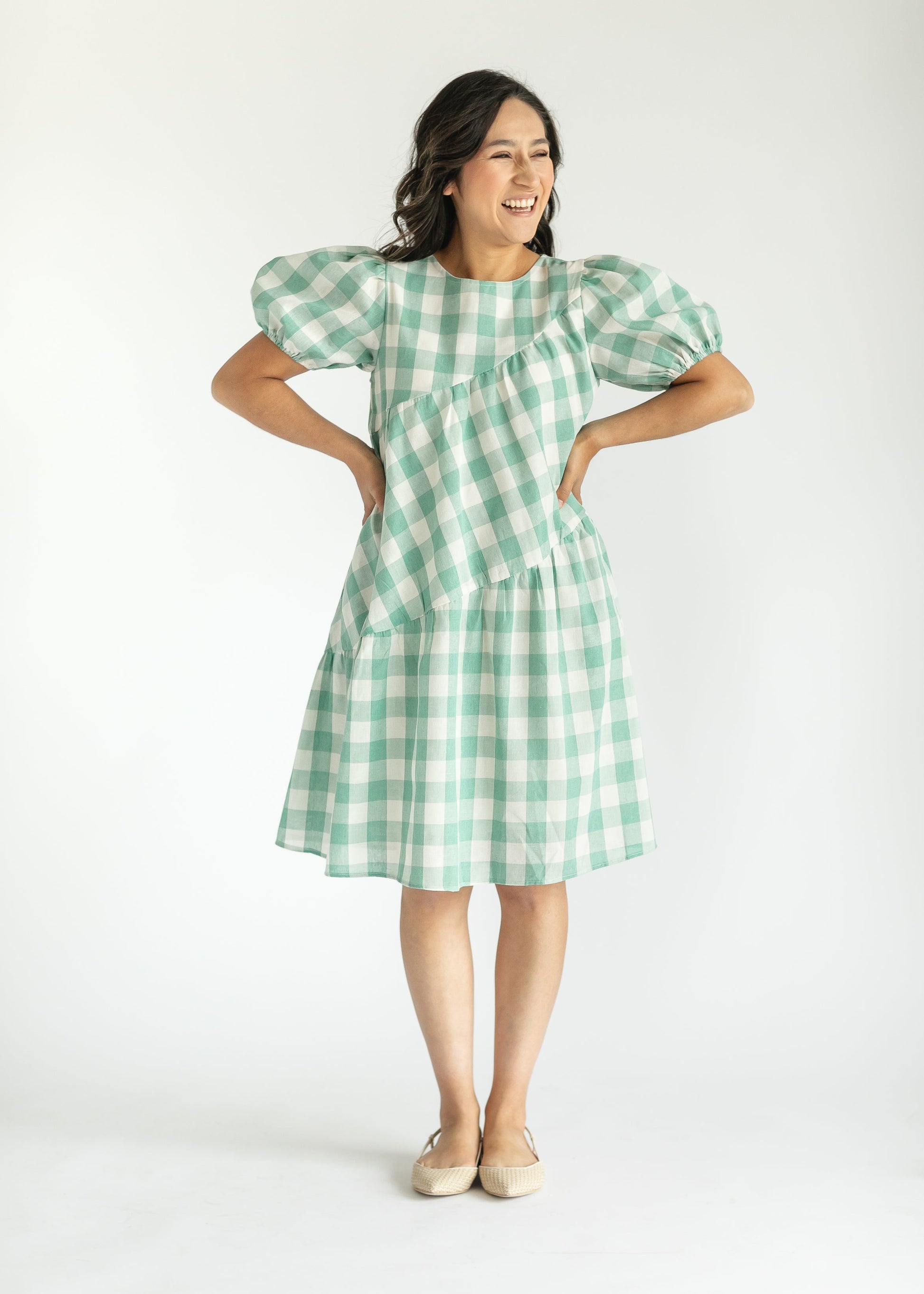 Green Gingham Tiered Midi Dress FF Dresses