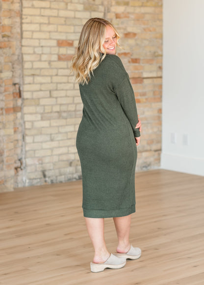 Green Quarter Button Ribbed Midi Dress FF Dresses