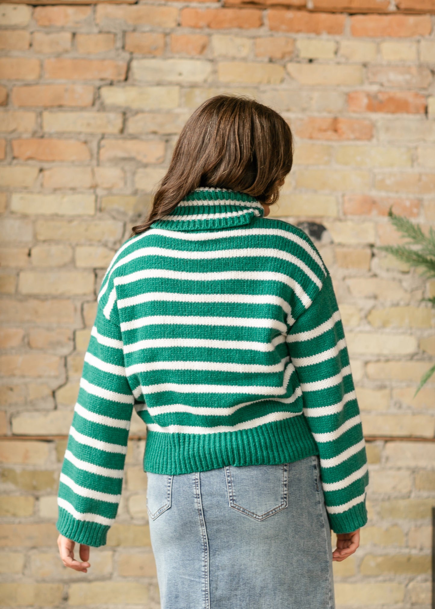 Green Striped Turtleneck Sweater FF Tops