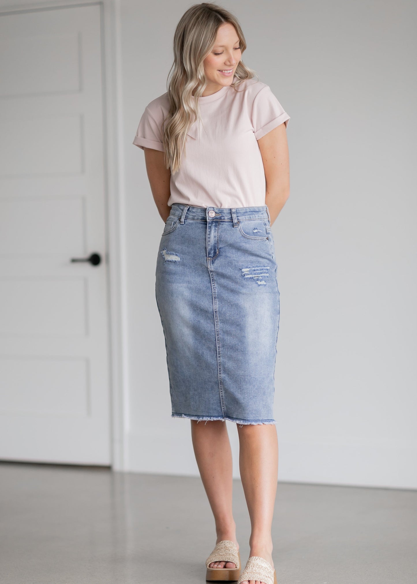 Hadley High Rise Denim Midi Skirt Skirts