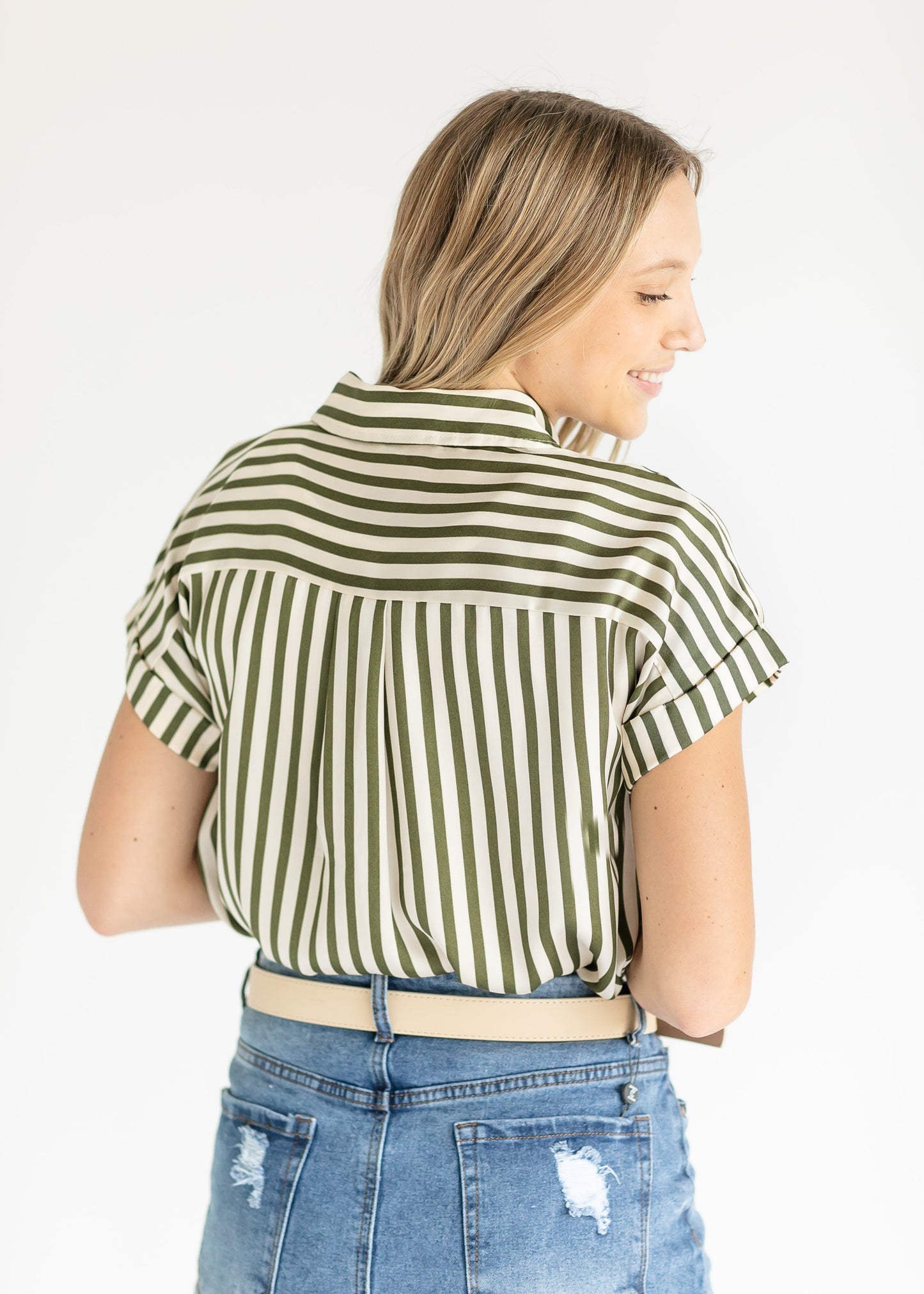 Hailey Green Striped Button Up Top FF Tops