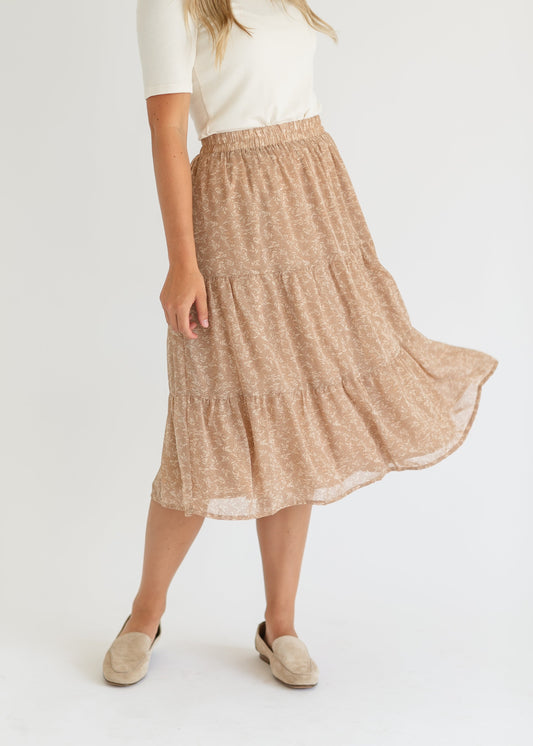 Harlow Abstract Floral Tiered Midi Skirt FF Skirts Taupe / XS