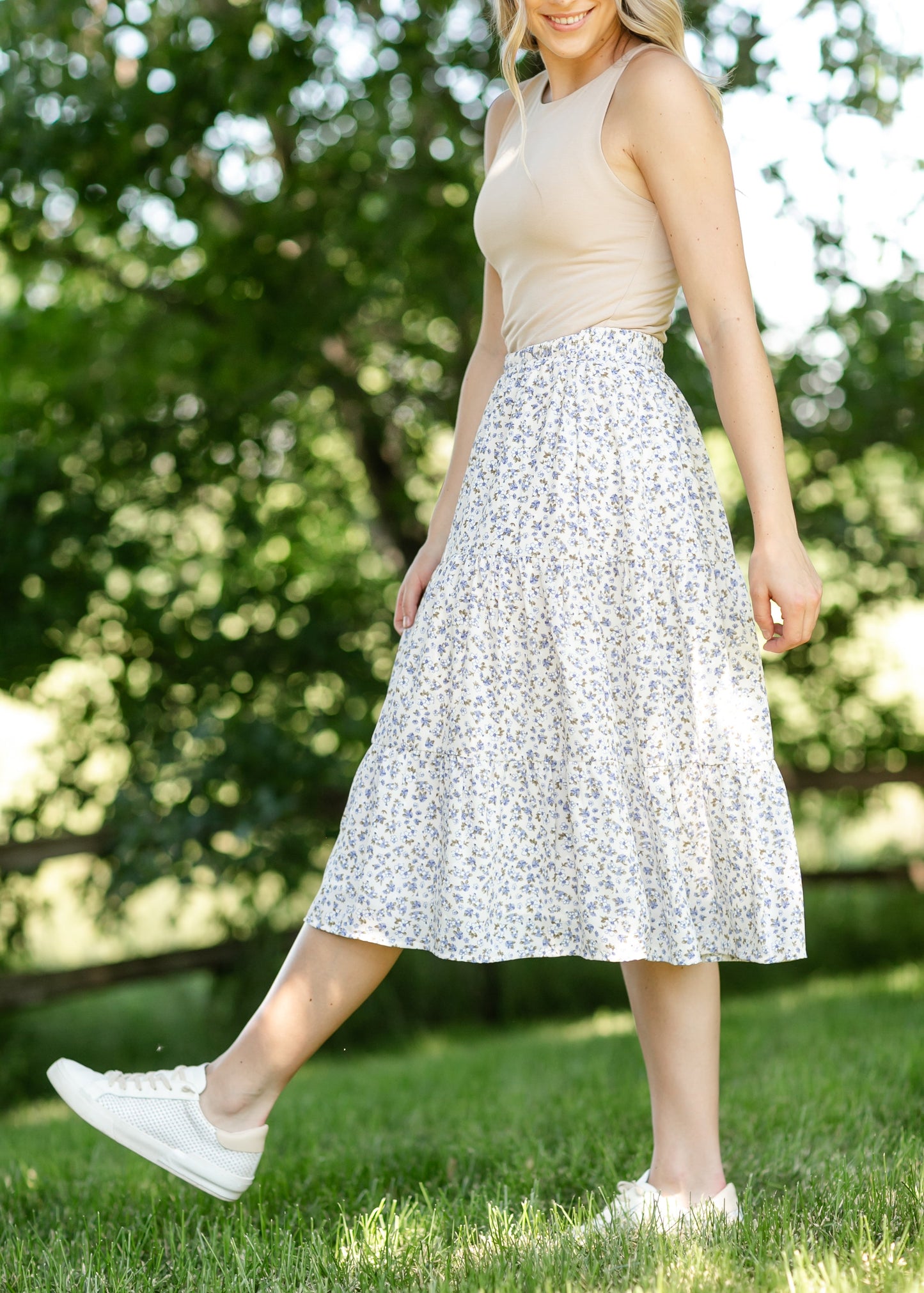 Harlow Blue Floral Tiered Midi Skirt IC Skirts