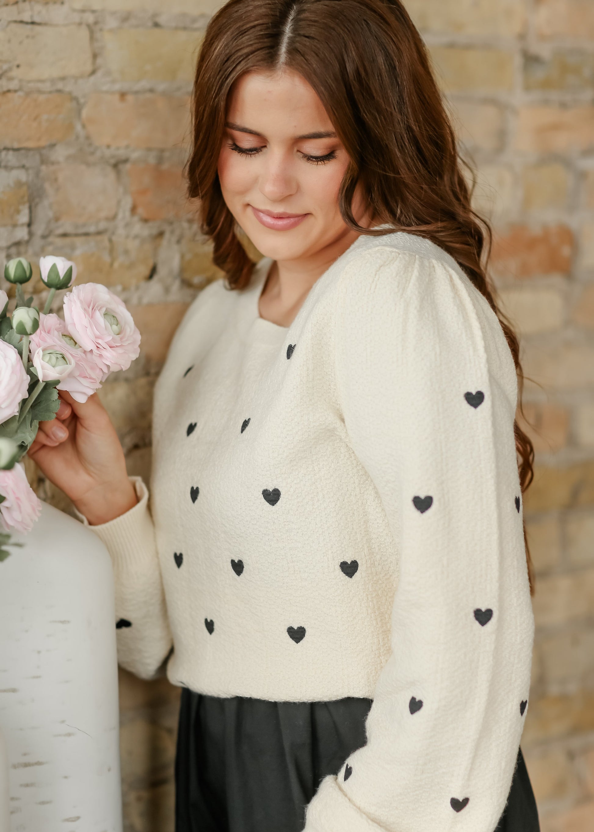 Heart Embroidered Crewneck Sweater FF Tops