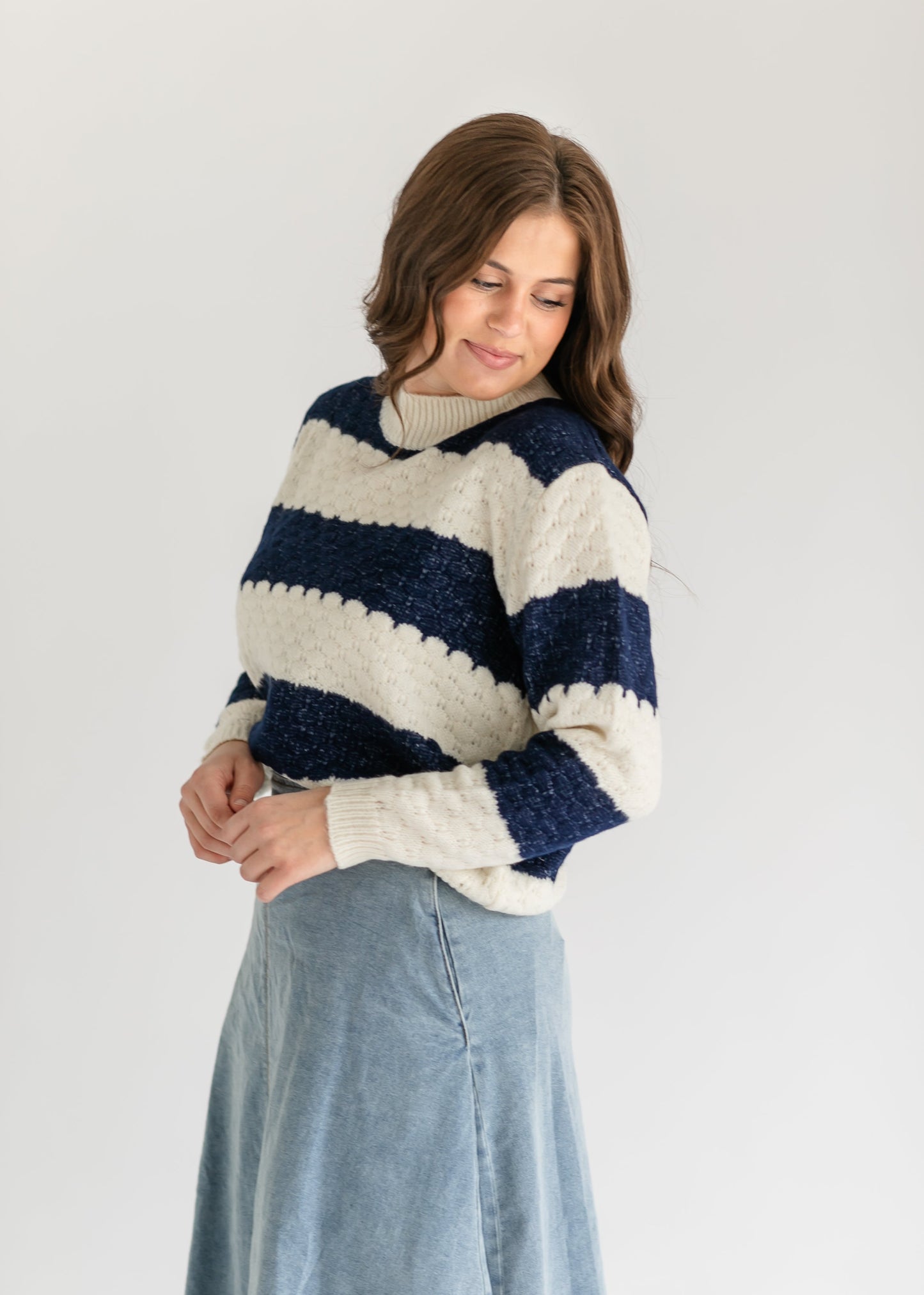 Iggy Scalloped Striped Crewneck Sweater FF Tops