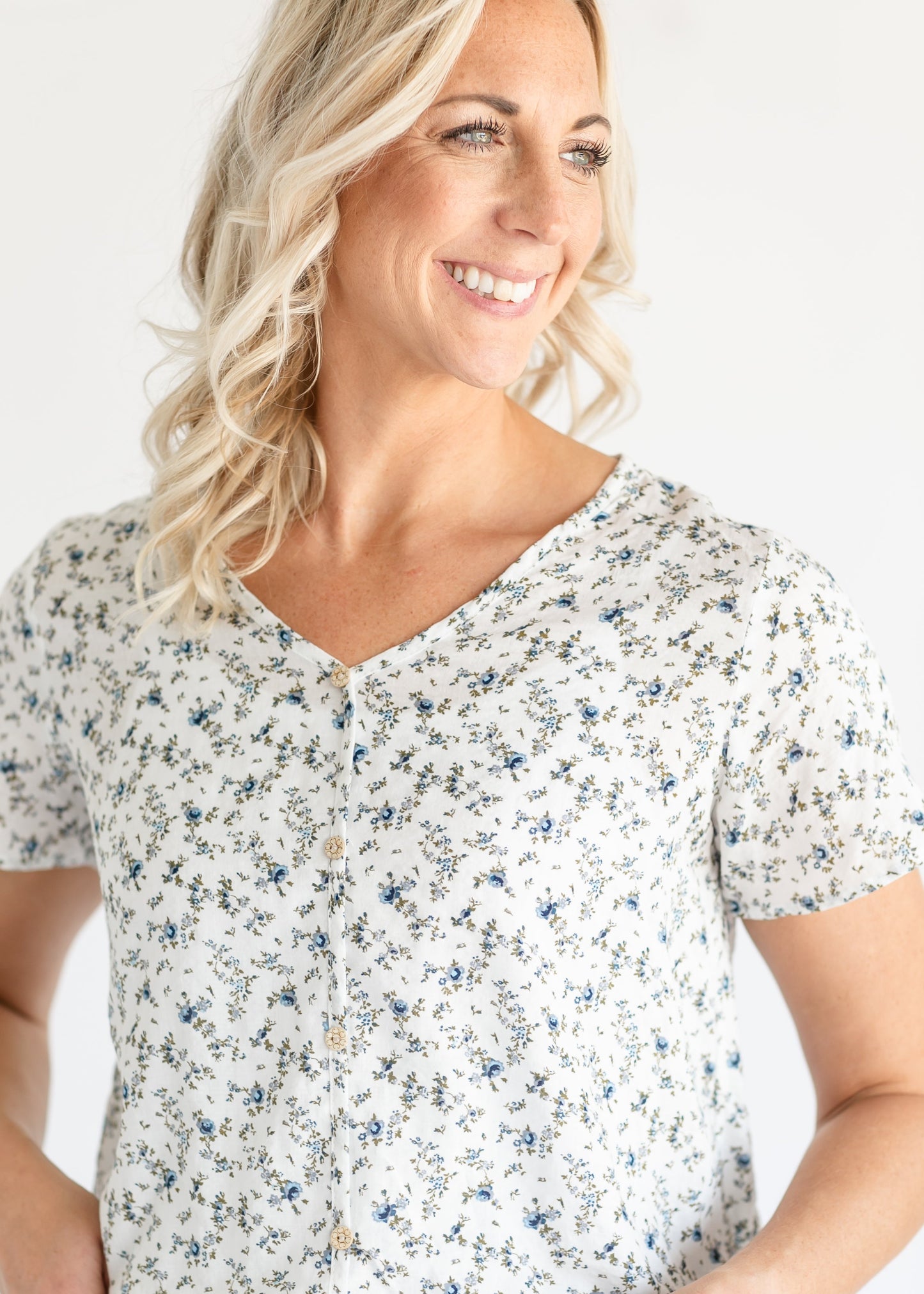 Imogen Blue Floral Button Up Top FF Tops