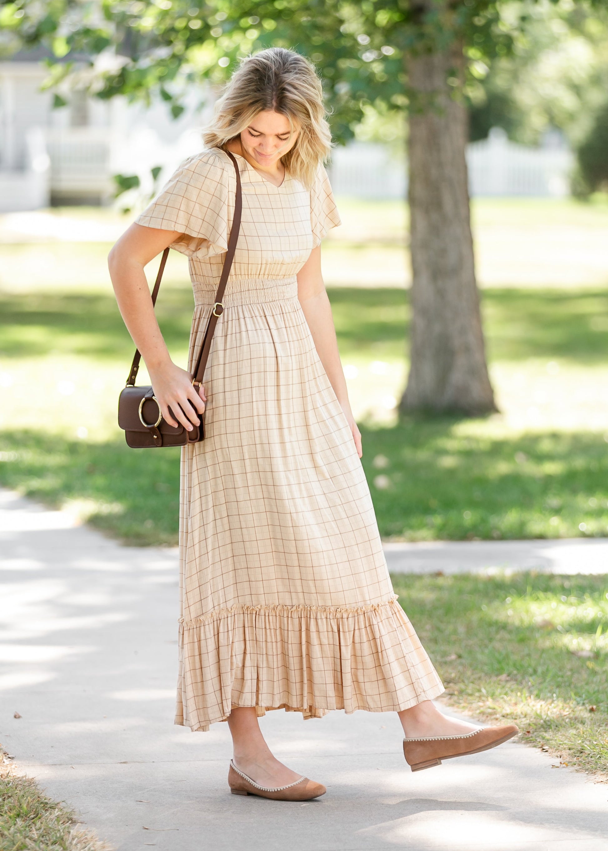 Isabella Taupe Plaid Maxi Dress IC Dresses