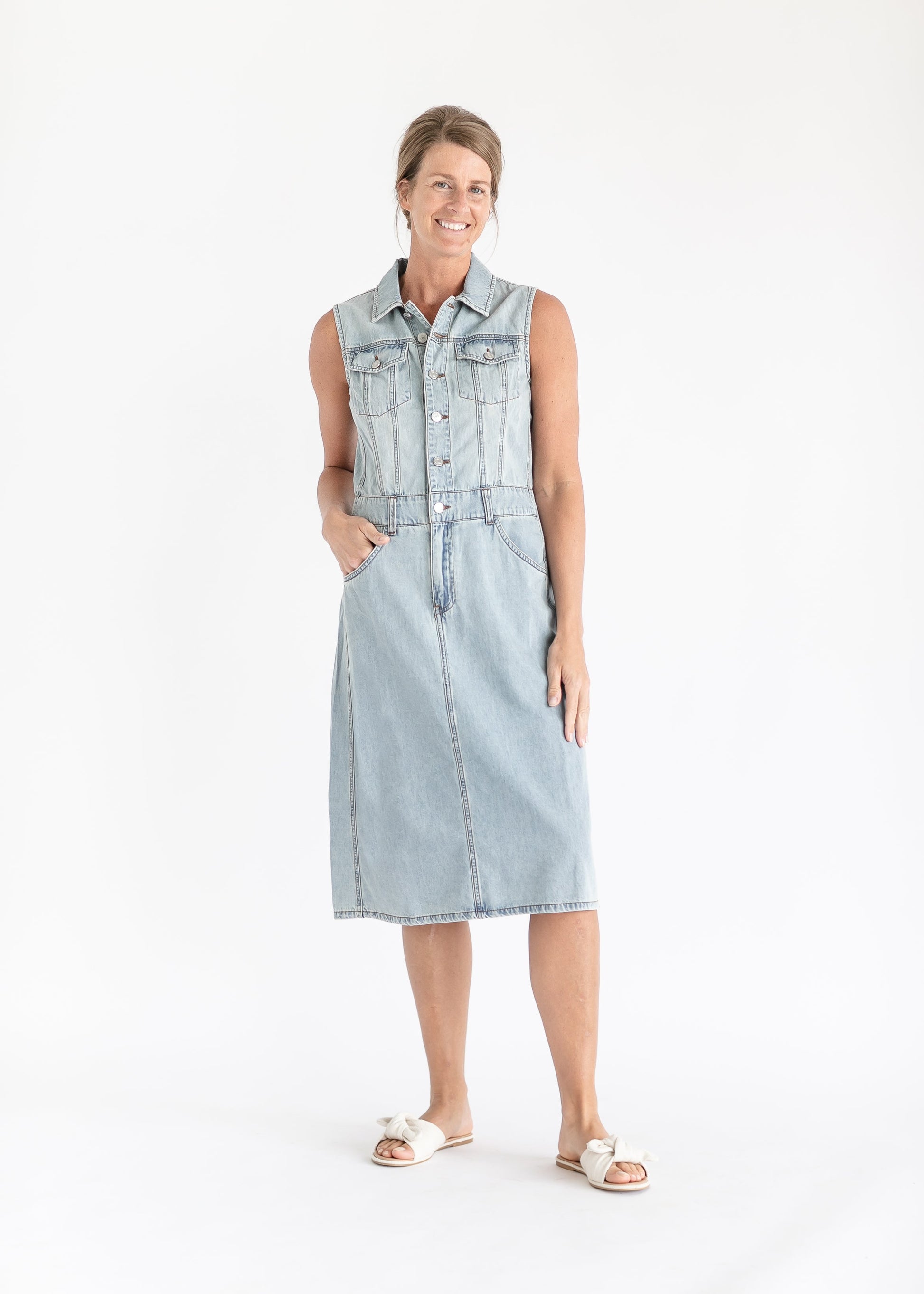 Jamila Sleeveless Button Front Denim Midi Dress FF Dresses