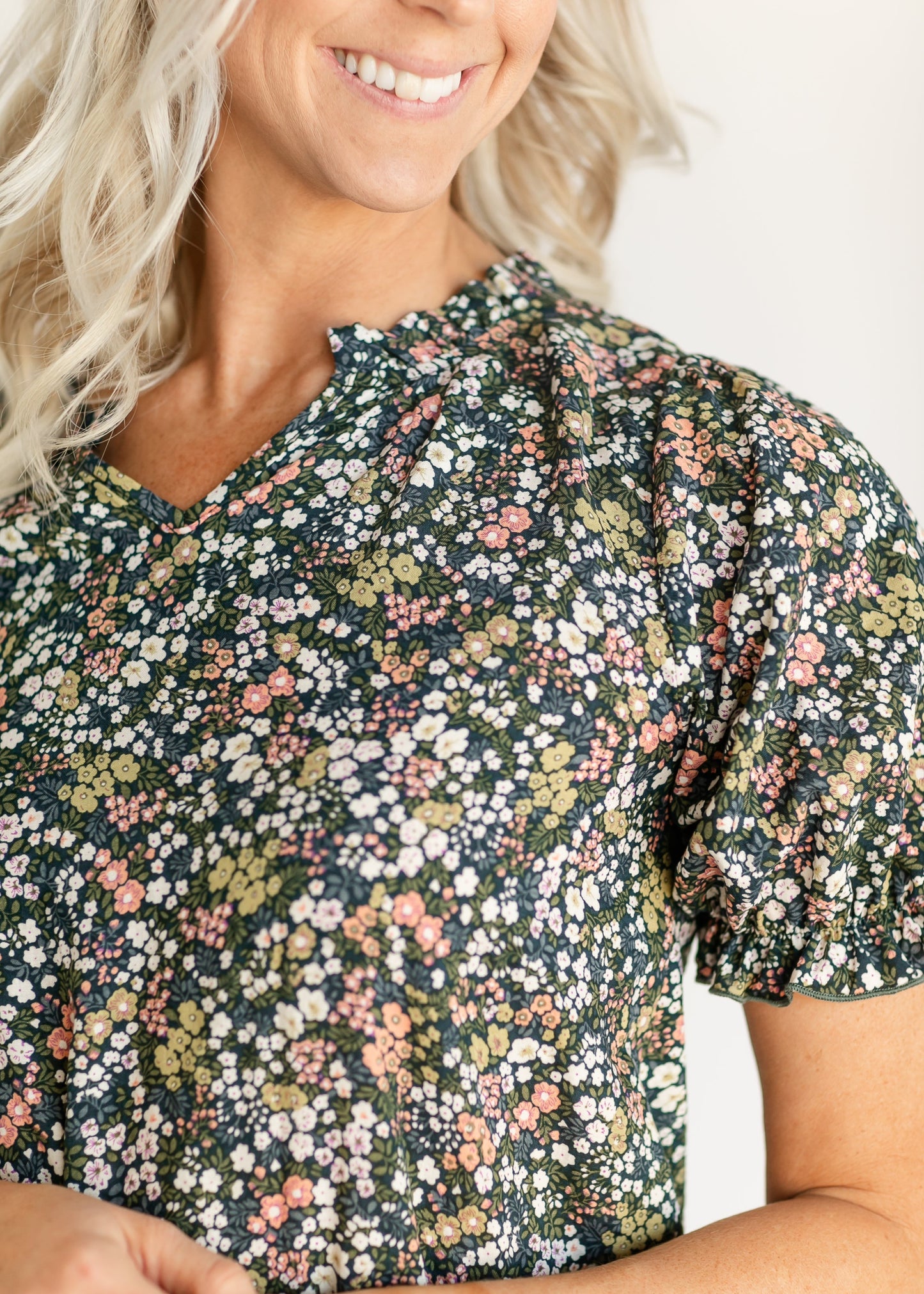 Jenna Navy Floral V-neck Top FF Tops