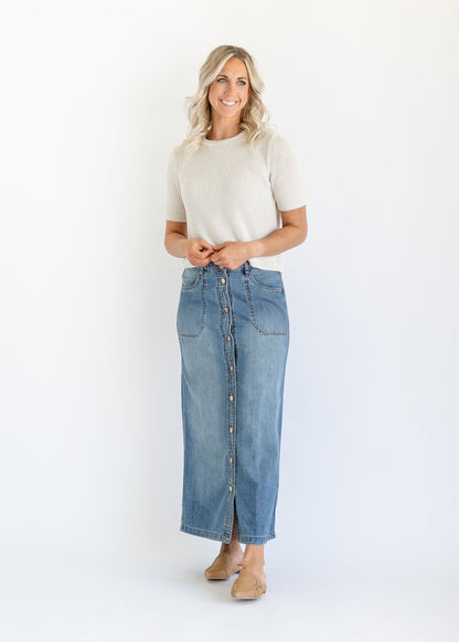 Liora Button Front Denim Maxi Skirt FF Skirts