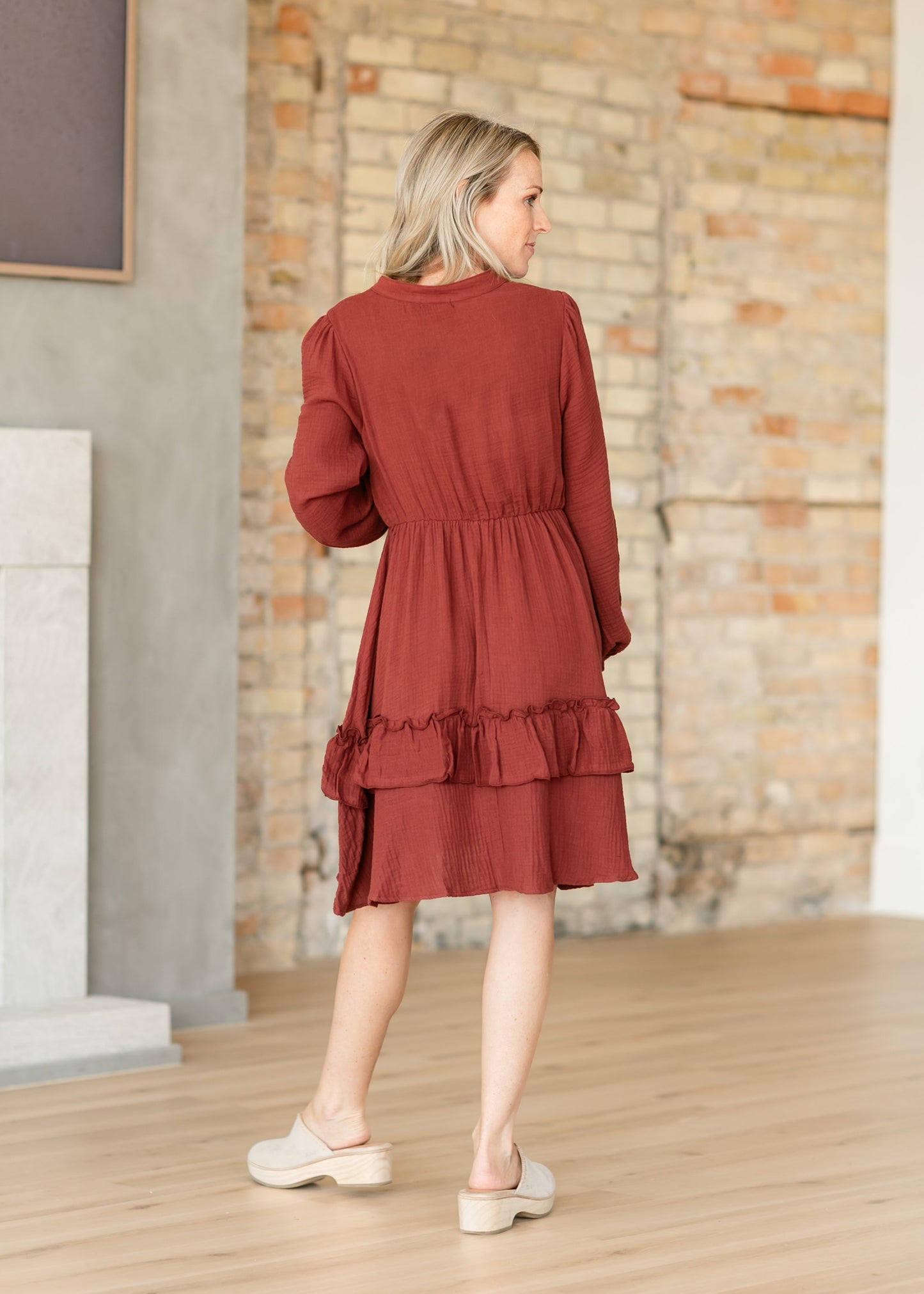 Long Sleeve Gauze Tiered Midi Dress FF Dresses