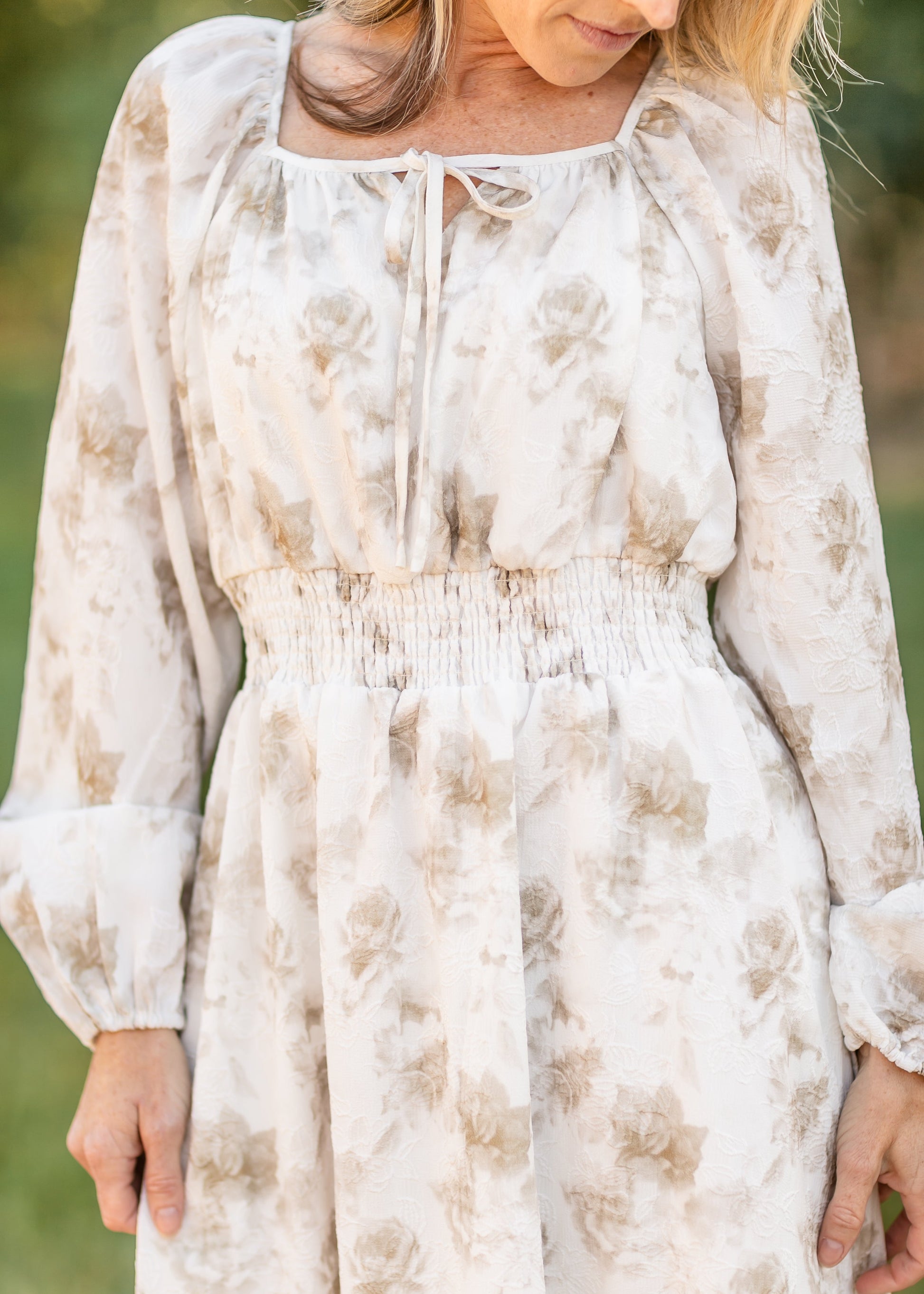 Long Sleeve Taupe Floral Square Neck Dress FF Dresses