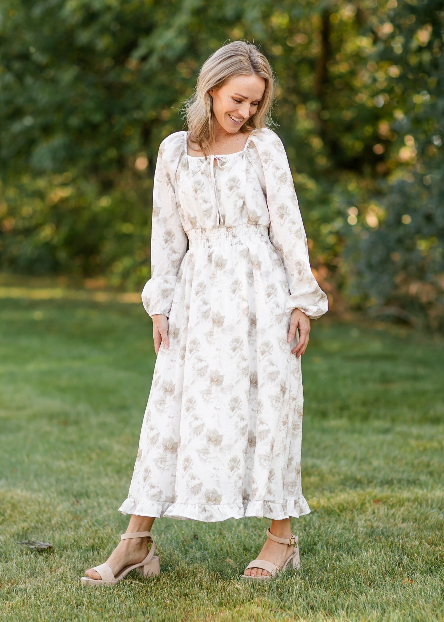 Long Sleeve Taupe Floral Square Neck Dress FF Dresses