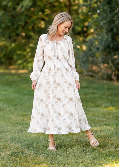 Long Sleeve Taupe Floral Square Neck Dress FF Dresses