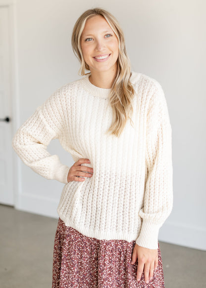 Loose Knit Textured Crewneck Sweater FF Tops