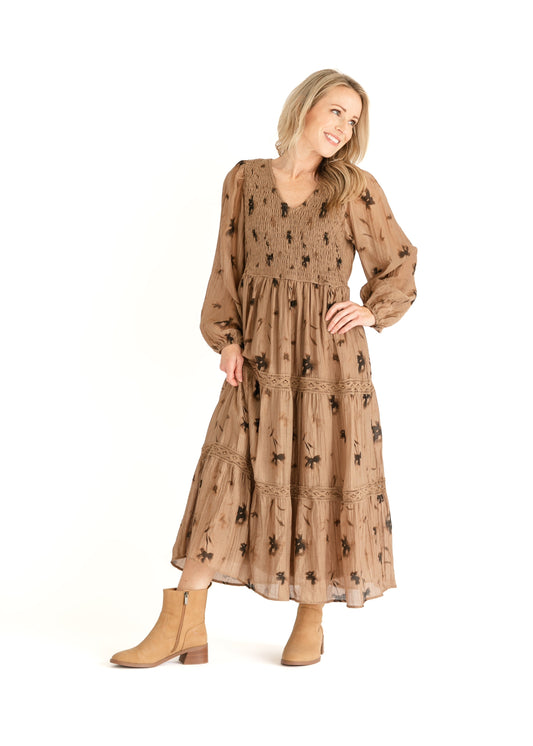 Mocha Floral V-neck Smocked Maxi Dress FF Dresses