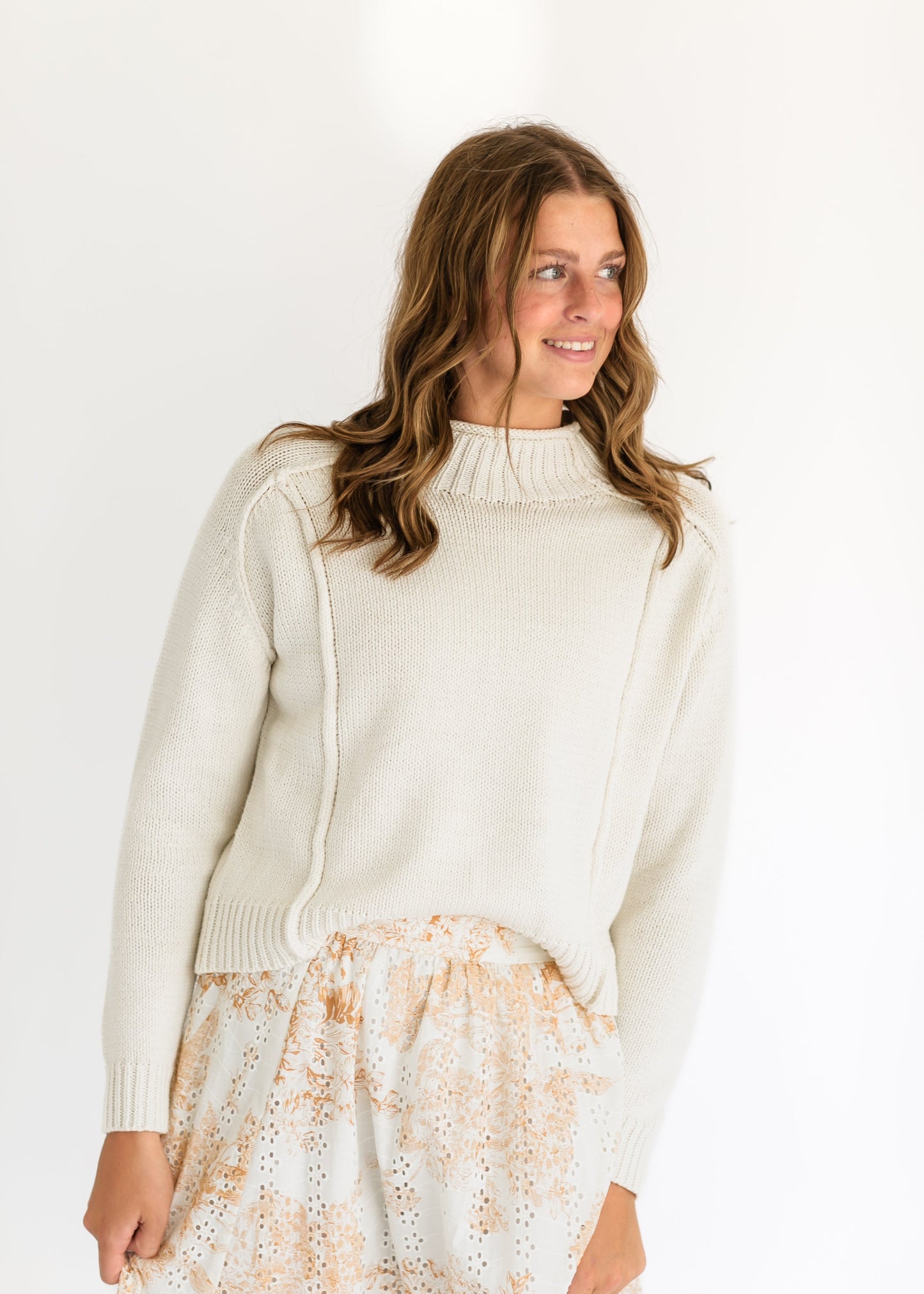 Mockneck Seamed Ivory Sweater FF Tops