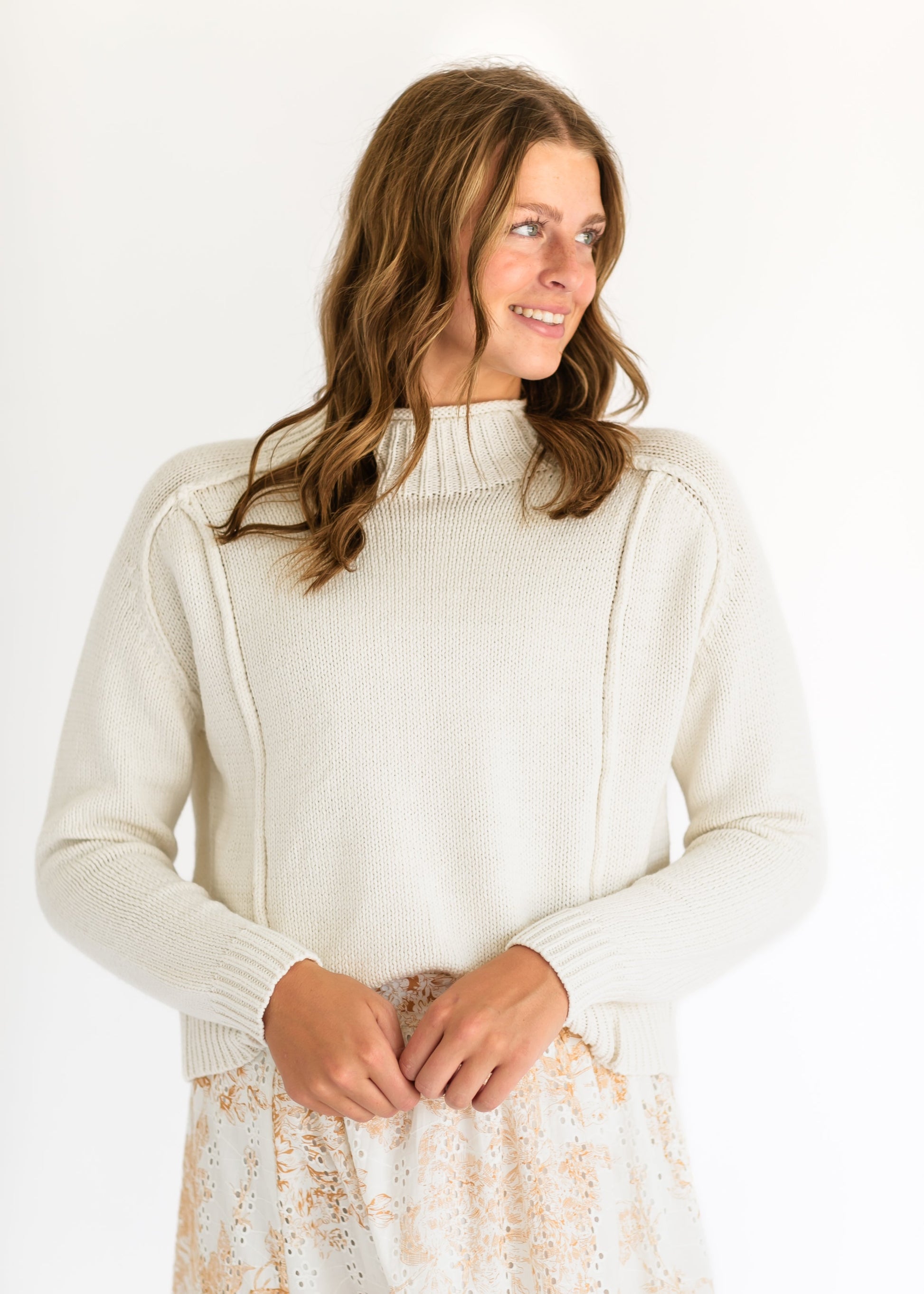 Mockneck Seamed Ivory Sweater FF Tops