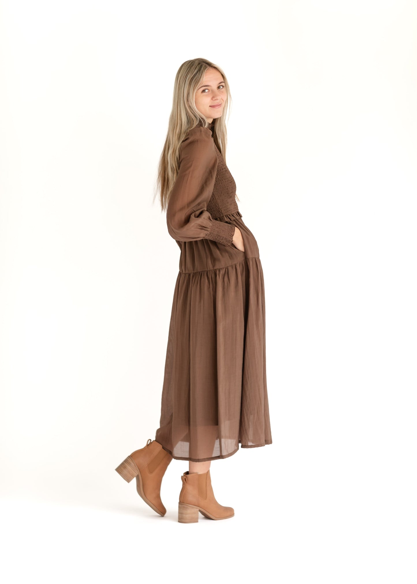 Mockneck Smocked Long Sleeve Dress FF Dresses