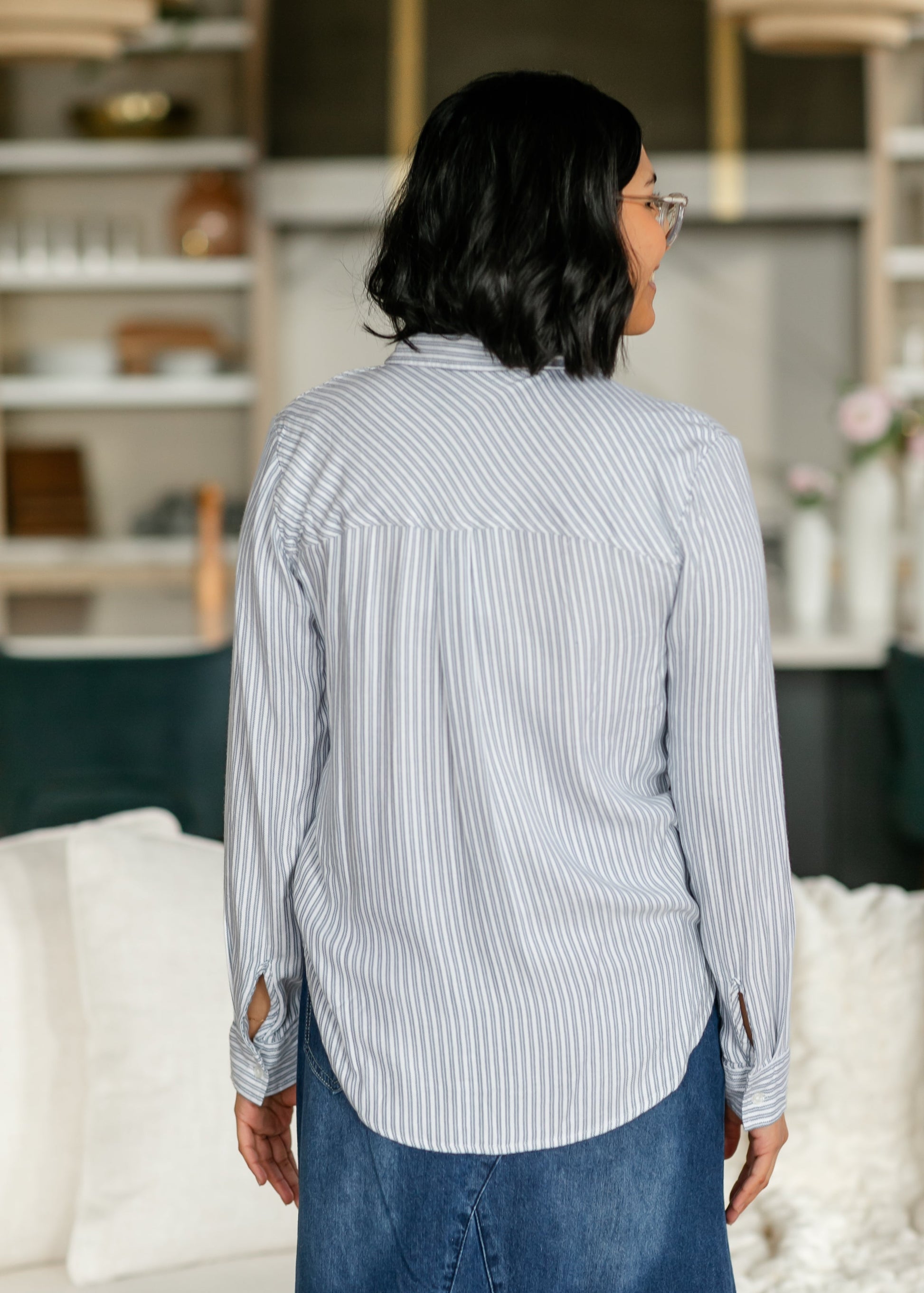 Myla Blue Stripe Soft Button Up Top FF Tops