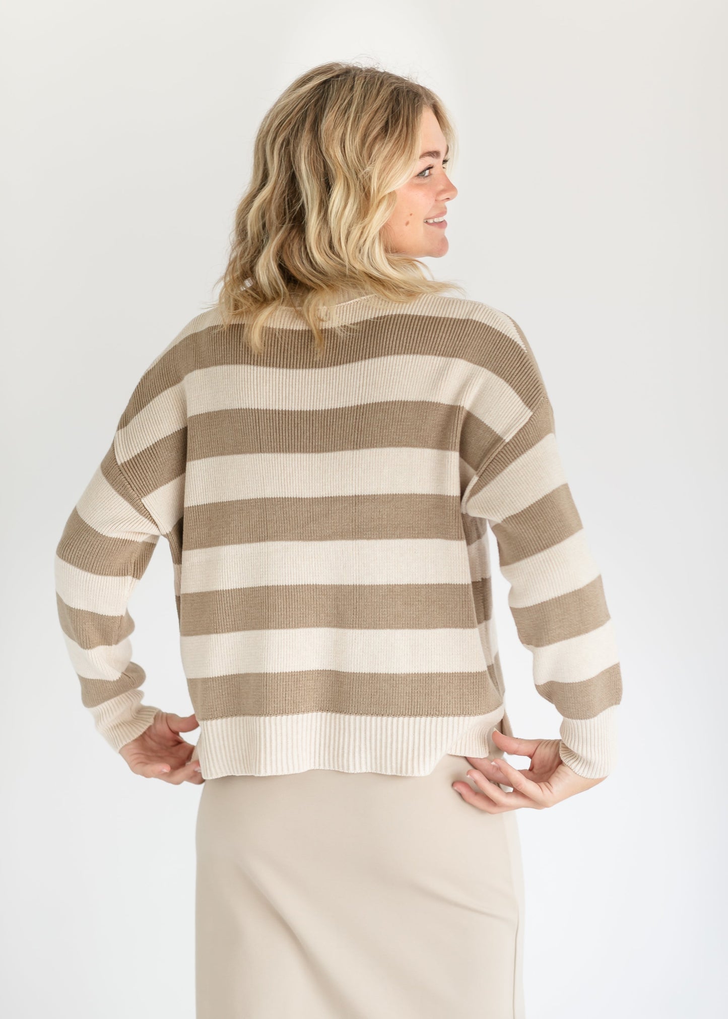 Nella Taupe Bold Stripe Knit Sweater FF Tops