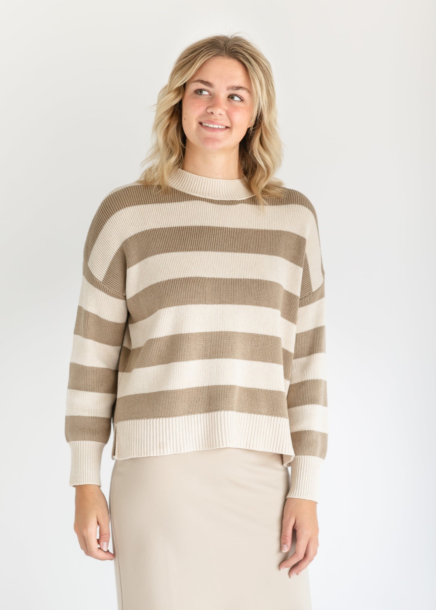 Nella Taupe Bold Stripe Knit Sweater FF Tops