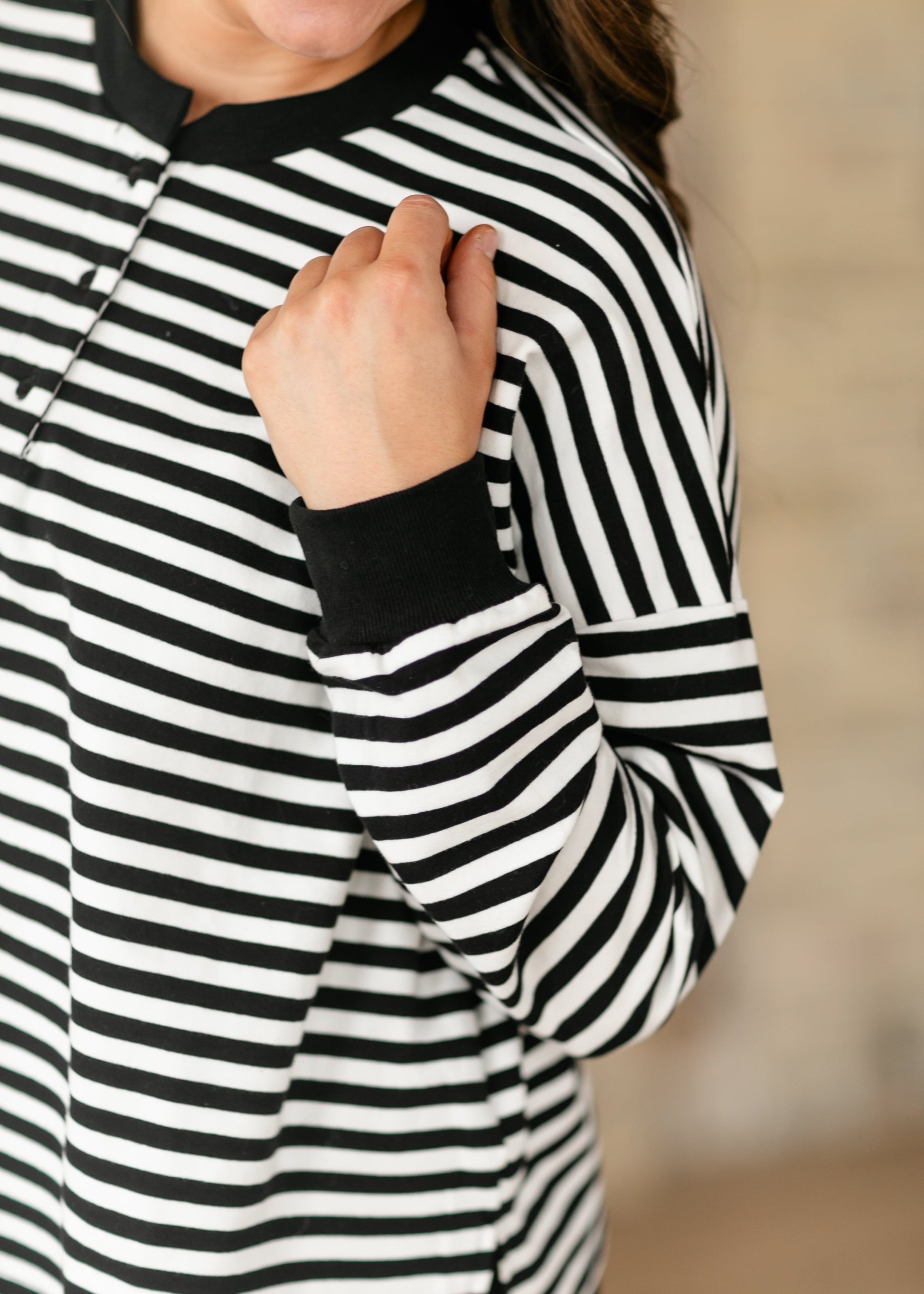 Nina Quarter Button Black Striped Top FF Tops