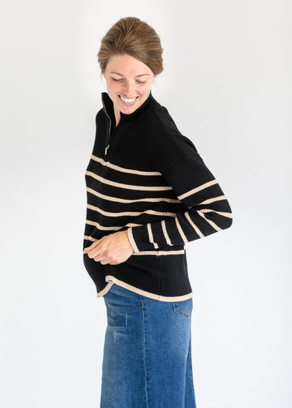 Nova Taupe Striped Black Quarter Zip Sweater FF Tops