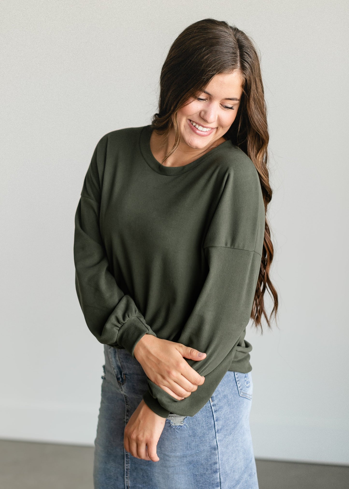 Olive Soft Crewneck Pullover Top FF Tops