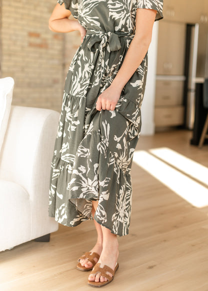 Olive V-neck Floral Tiered Maxi Dress FF Dresses