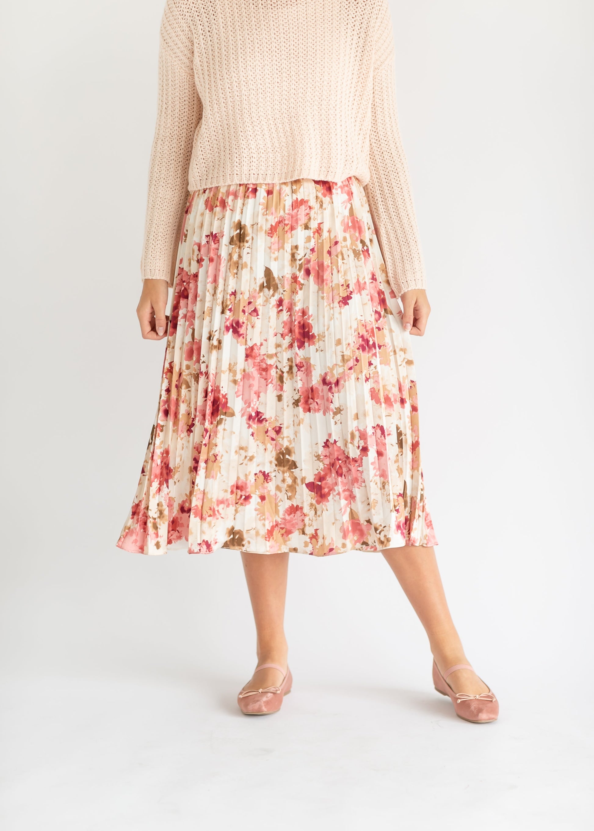 Pink Pleated Floral Satin Maxi Skirt FF Skirts